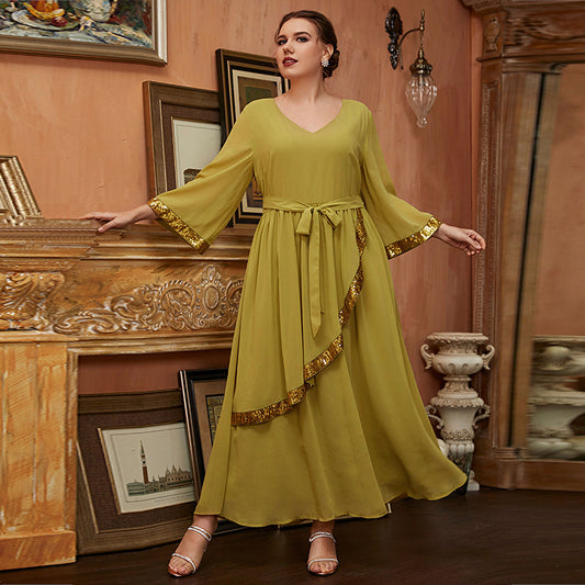 Wholesale Women's Loose Yellow Green Retro Plus Size Large Swing Dress