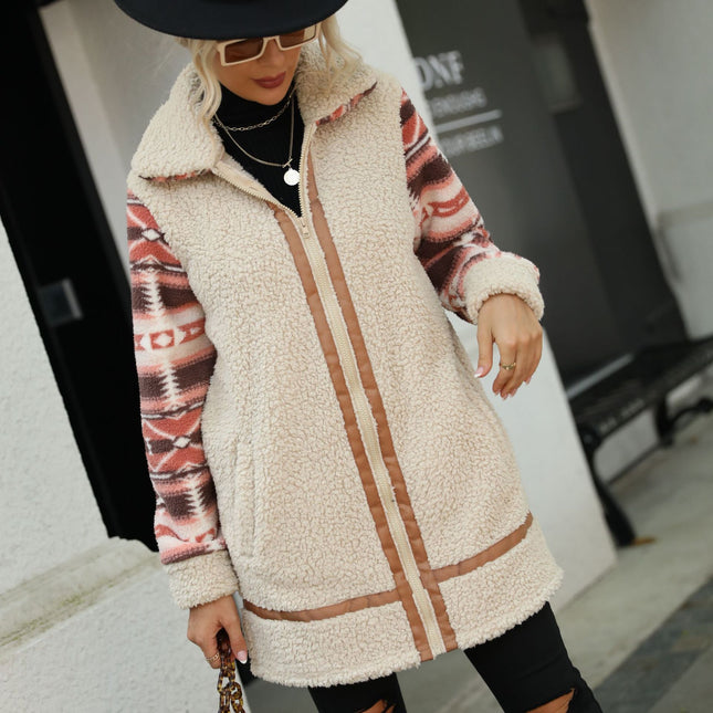 Damen-Revers-langer Fleece-Mantel mit Reißverschluss