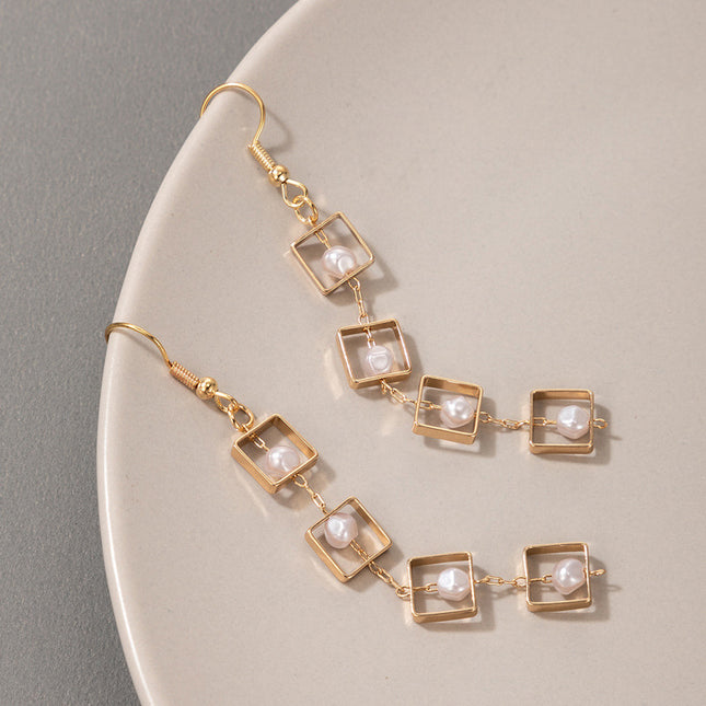 Square Pearl Long Simple Earrings