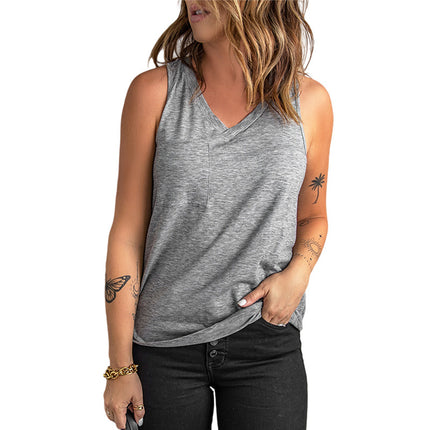 Wholesale Women's Solid Color V Neck Pocket Vest Top