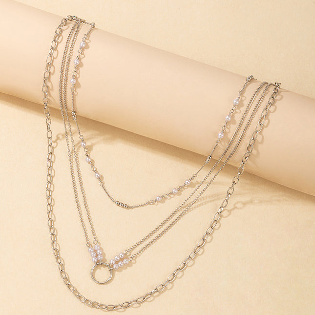 Wholesale Geometric Chain Pearl Circle Three Layer Necklace