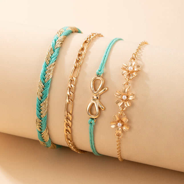 Floral Pearl Embellished Bow Cord Bracelet Set of Four Rows
