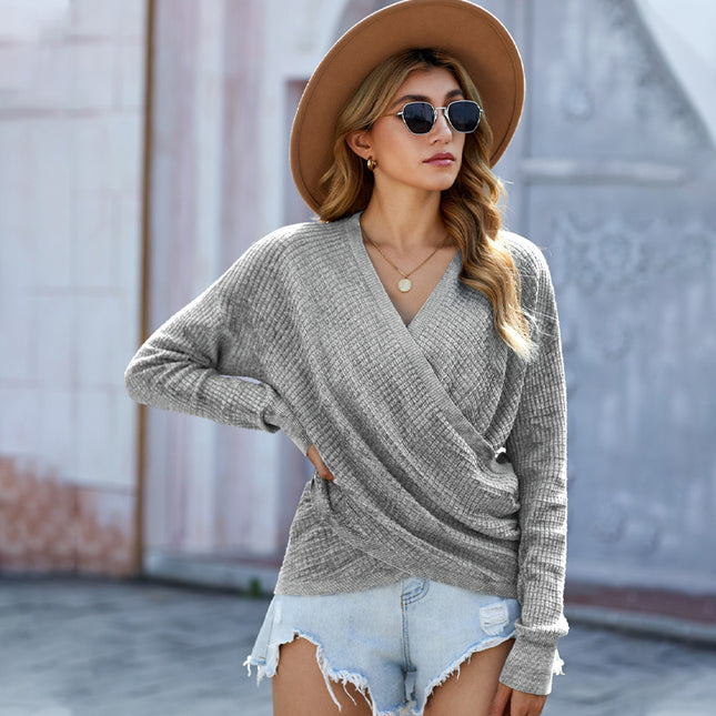 Wholesale Ladies Solid Color V Neck Long Sleeve Knitwear Sweater