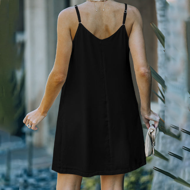Einfarbiges, einreihiges, lockeres Mini-Damenkleid mit V-Ausschnitt