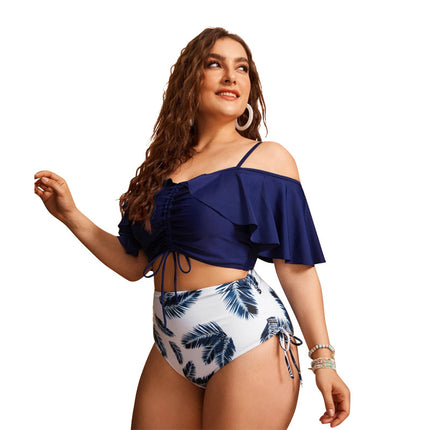 Wholesale Women's Drawstring Off-shoulder Ruffle Large Size Split Swimsuit