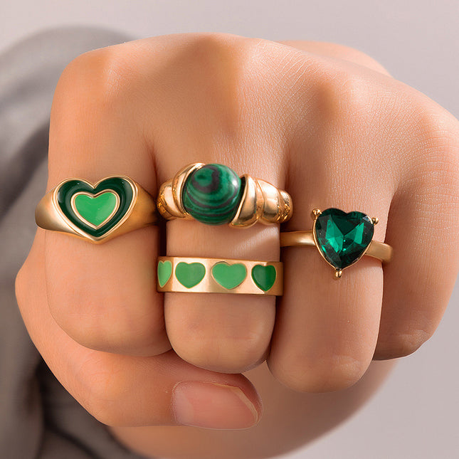 Wholesale Love Drip Oil Imitation Emerald Heart Ring Four Pieces