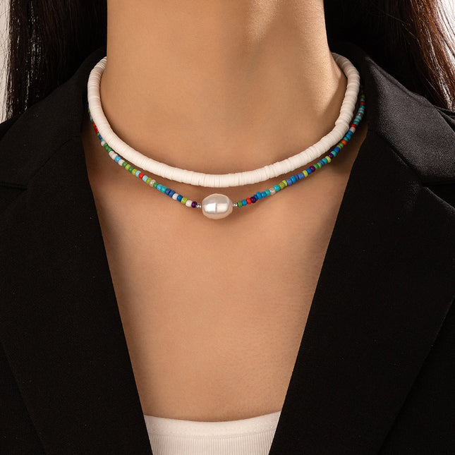 Collar Doble De Perlas De Perlas De Arroz De Color Arcilla Blanda