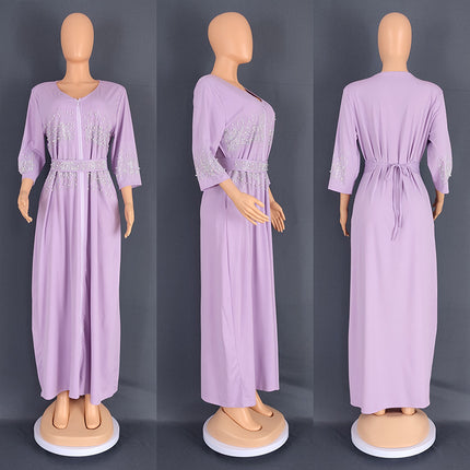 Wholesale Middle East Africa Ladies Ironing Beads Long Sleeve Cardigan Dress With Belt