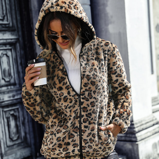 Chaqueta polar de mujer con capucha y manga larga con estampado de leopardo