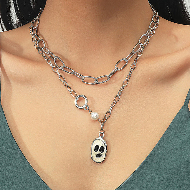 Halloween Vintage Ghost Face Necklace Pearl Sweater Chain
