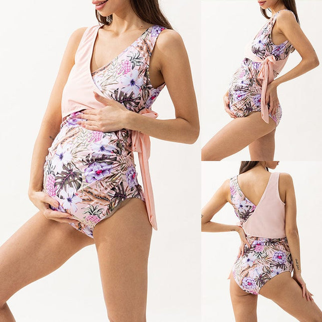 Wholesale Maternity Chest Cross Tie One-Piece Bikini Printed Swimsuit