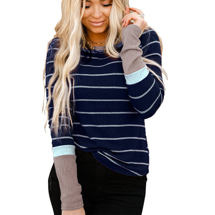 Women's Striped Round Neck Slim Long Sleeved Pullover T-Shirt