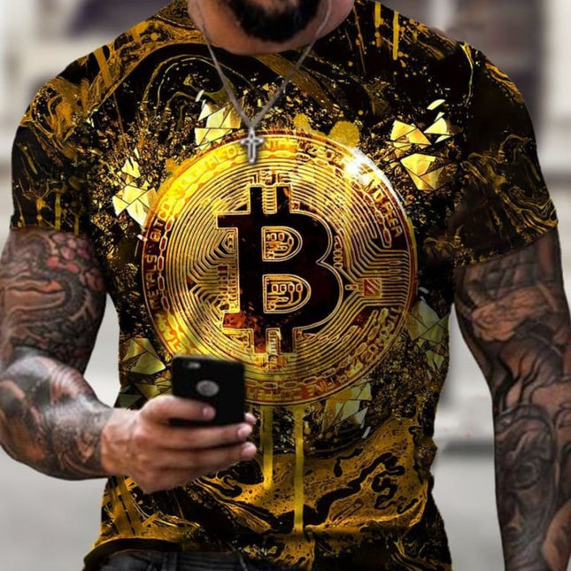 Wholesale Men's Round Neck Short Sleeve 3D Digital Printing Bitcoin T-Shirt