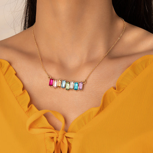 Colorful Square Rhinestone Imitation Gemstone Single Layer Clavicle Chain Necklace