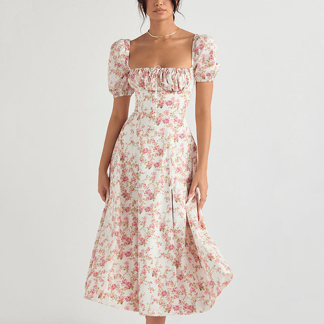 Moda verano cuello cuadrado Tea Break vestido floral vestido largo
