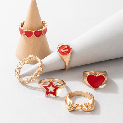 Fashion Red Cherry Pentagram Love Peach Ring 6 Pieces