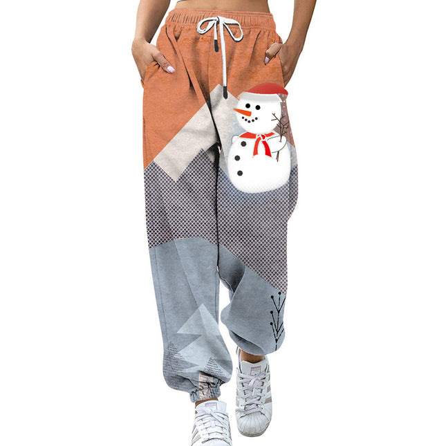 Joggers de pierna ancha con bolsillo y estampado de muñeco de nieve navideño para mujer