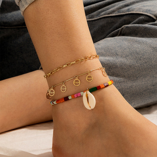 Shell LOVE Disc Rice Bead Alphabet Multilayer Anklet
