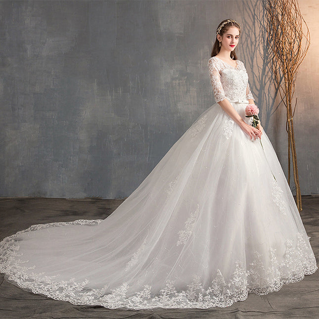 Wholesale Trailing Deep V Neck Lace Large Size High Waist Wedding Dress