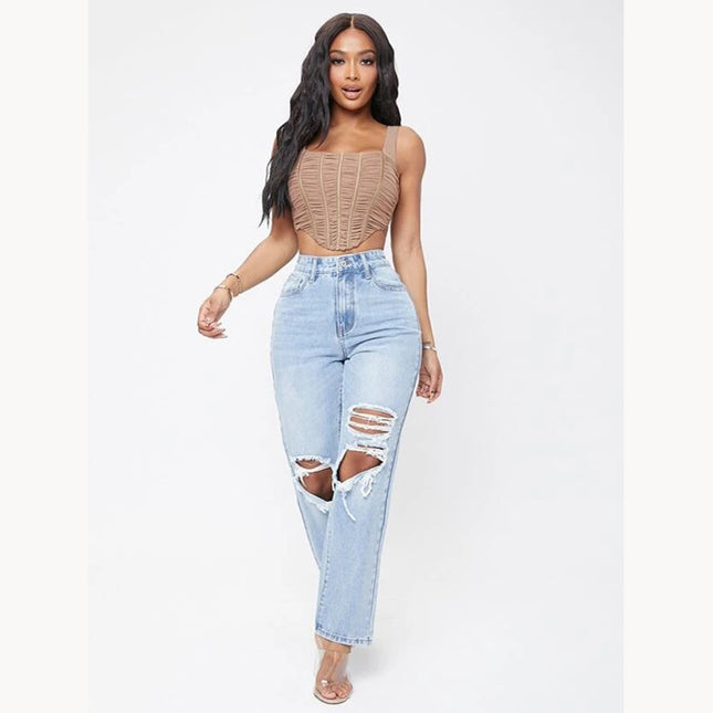 Wholesale Women's High Waist Ripped Loose Straight Washed Jeans
