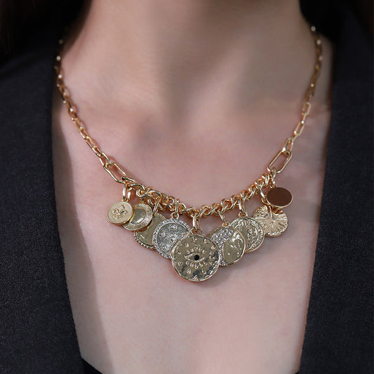 Fashion Coin Rhinestone Embossed Small Pendant Bib Necklace