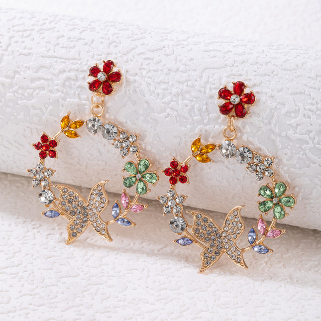 Colorful Flower Butterfly Geometric Wreath Stud Earrings