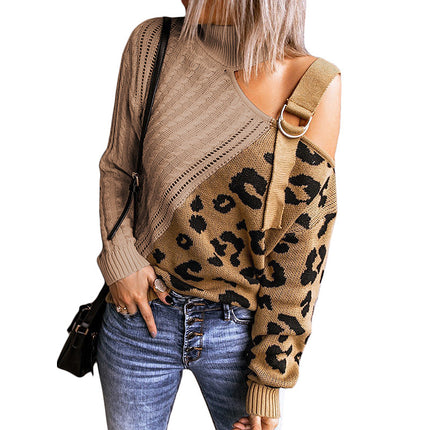 Suéter asimétrico con hombros descubiertos Suéter con estampado de leopardo