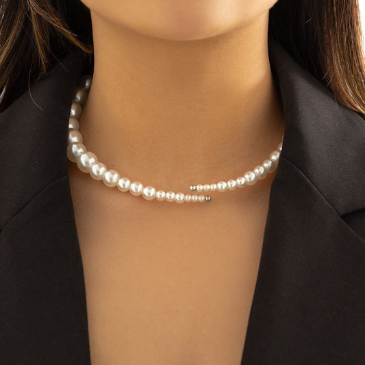 Thin Metal Chain Necklace Simple Faux Pearl Beaded Choker