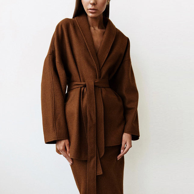 Wholesale Women's Wool Thick Loose Slim Coat Wrap Skirt Two Piece Set