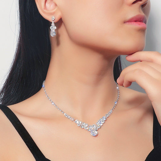 Bright Full Diamond Zircon Water Drop Necklace Earrings Set Bridal Wedding Jewelry