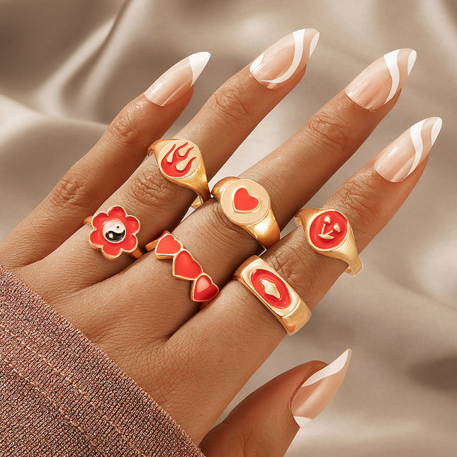 Drip Oil Tai Chi Flower Love Flame Six-Piece Ring