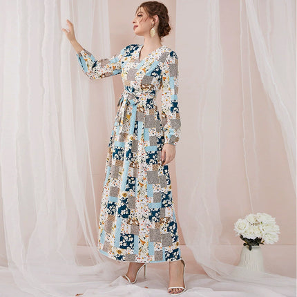 Wholesale Women's Spring Summer Printed High Waist V Neck Dress