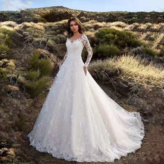Wholesale Bride Lace Embroidered Cropped Sleeve Off Shoulder Wedding Dress
