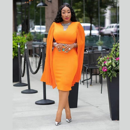 Wholesale African Ladies Cape Pleated Sleeves Belt High Stretch Dress