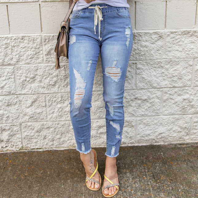Wholesale Women's Drawstring Elastic Waist Ripped Jeans