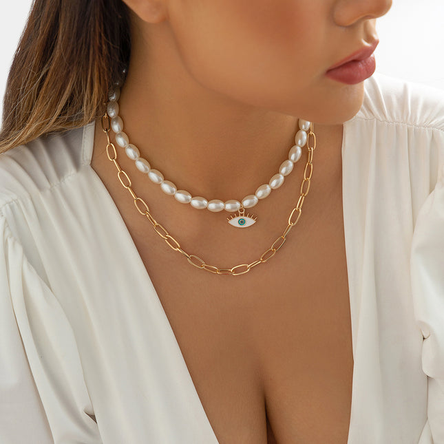 Simple Faux Pearl Clavicle Choker Metal Chain Eye Pendant Necklace
