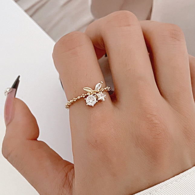 Anillo de dedo índice abierto geométrico de circón con anillo de cereza creativo a la moda