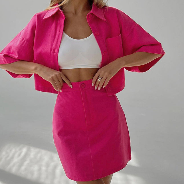 Wholesale Women's Fashion Short Sleeve Shirt Skirt Two Piece Set
