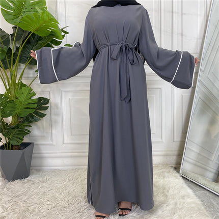 Wholesale Muslim Ladies White Trim Solid Oversized Tie Dress