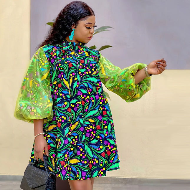 Wholesale African Women's Swing Mesh Puff Sleeve Print Dress