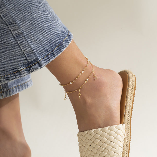 Round Bead Metal Thin Chain Pearl Pendant Anklet