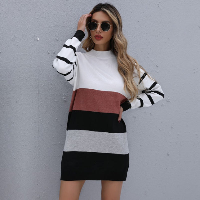 Wholesale Ladies Autumn Winter Mid Length Knit Pullover Striped Sweater