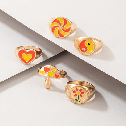 Drip Oil Ring Orange Love Tai Chi Pilz Blume Pastoral Stil 6-teiliges Ring-Set