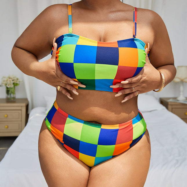 Damen-Bikini-Badeanzug mit fluoreszierendem Aufdruck in Übergröße