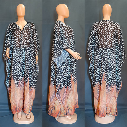 Wholesale African Women's Chiffon Printed Cardigan Robe Trouser Two-Piece Set