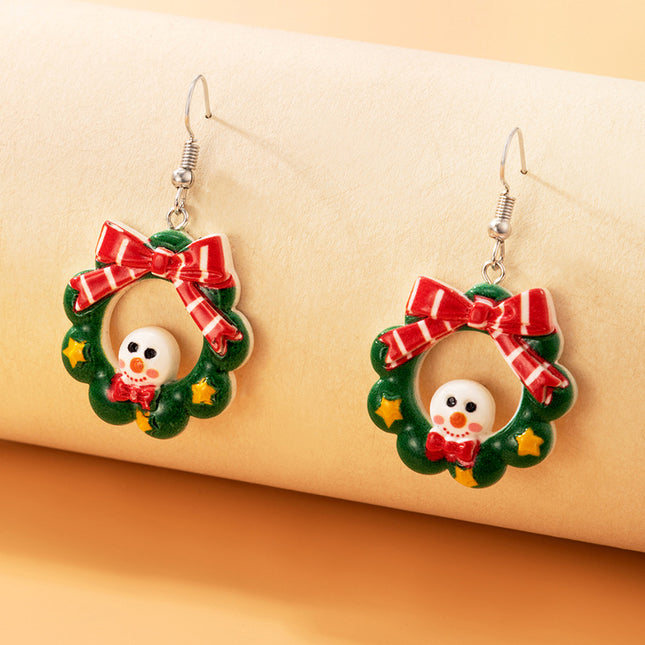 Colorful Resin Christmas Wreath Ear Hooks Snowman Bow Cartoon Earrings