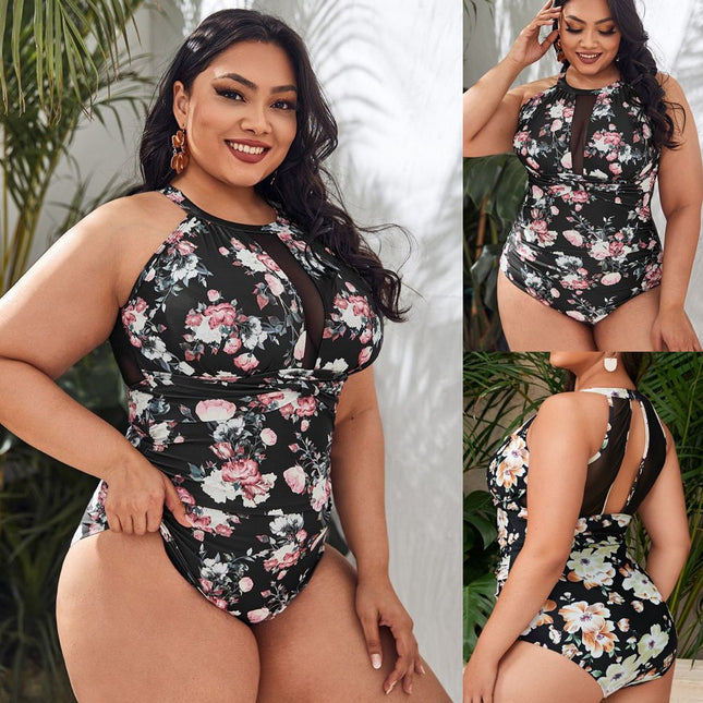 Wholesale Ladies Printed Mesh Stitching Plus Size One-Piece Swimsuit