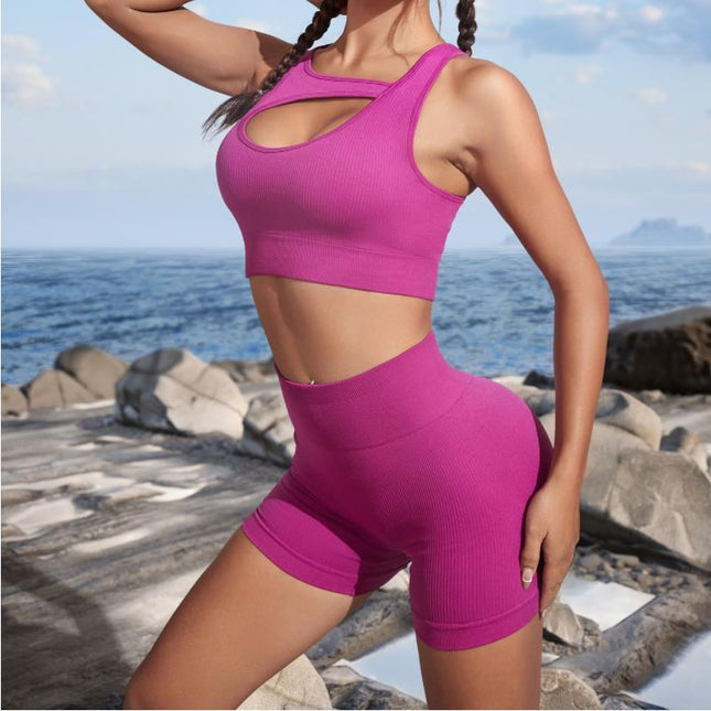 Conjunto de yoga de pantalones cortos de chaleco deportivo de alta elasticidad sin costuras para mujer