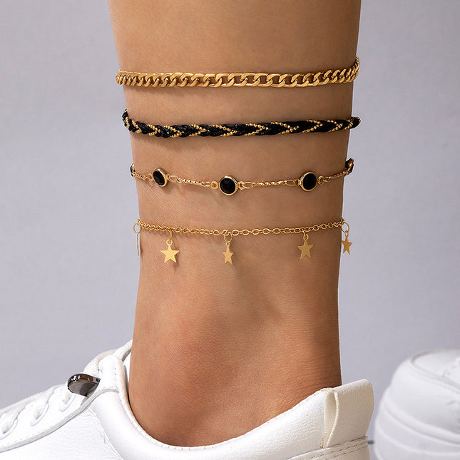 Star Rhinestone Anklet Chain Cord Four Layer Anklet