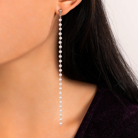 Pearl Long Chain Earrings Geometric Beaded Tassel Stud Earrings